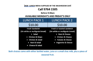 2026 Lunch Menu supplied by Mushroom Cafe