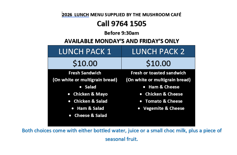 2026 Lunch Menu supplied by Mushroom Cafe